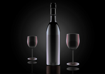 A bottle of red wine and two glasses on a black background. Romantic dinner. Glass and reflections. Glass artwork. Restaurants and wine. Red wine menu. Illustration for the restaurant menu.