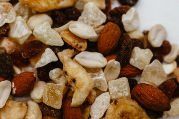 dried fruits and nuts
 on a white background close-up