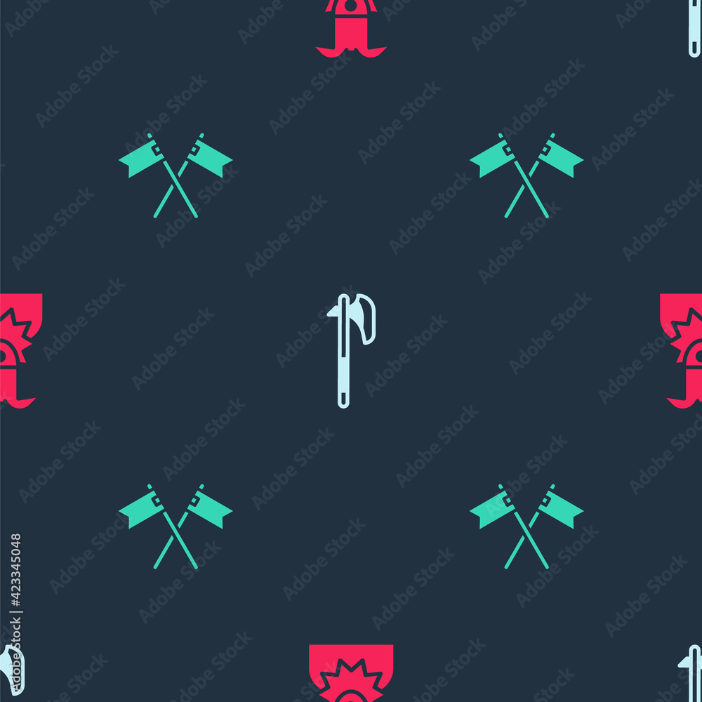 Poster set joker head, medieval axe and crossed medieval flag on seamless pattern. vector