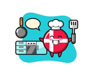 denmark flag badge character illustration as a chef is cooking