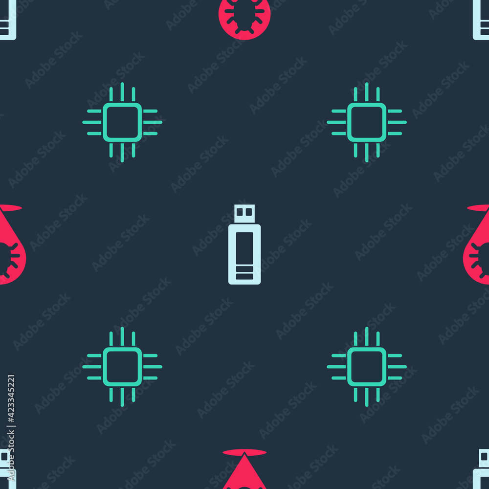 Aufkleber set system bug, usb flash drive and processor with microcircuits cpu on seamless pattern. vector