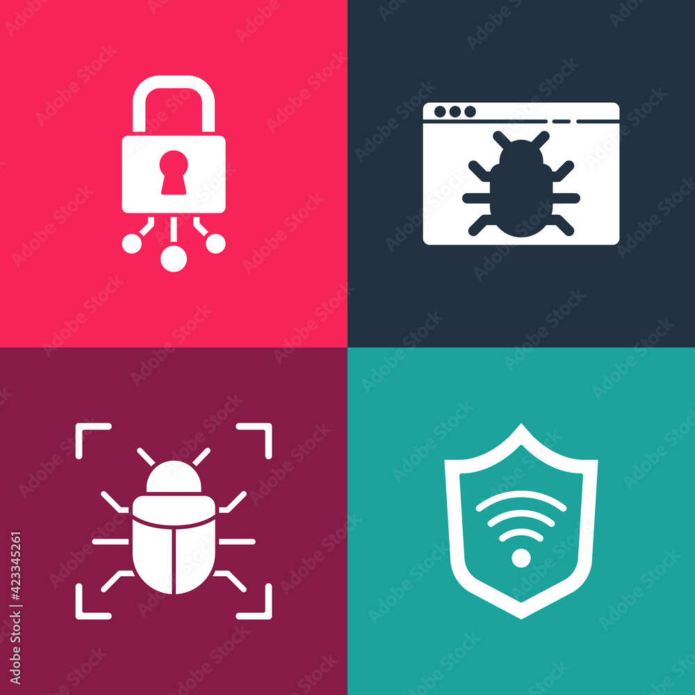 Poster set pop art shield with wifi wireless, system bug, and cyber security icon. vector