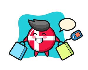 denmark flag badge mascot cartoon holding a shopping bag