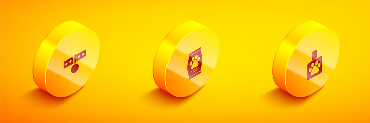 Set Isometric Collar with name tag, Bag of food and Pet shampoo icon. Vector