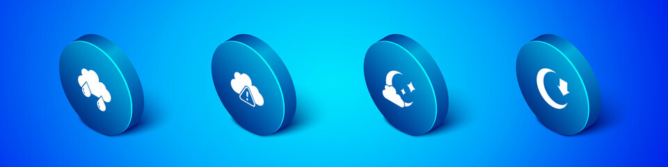 Set Isometric Cloud with rain, moon, Moon and Storm warning icon. Vector