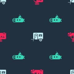 Set TV News car, Rv Camping trailer and Submarine on seamless pattern. Vector