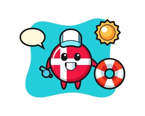 Cartoon mascot of denmark flag badge as a beach guard