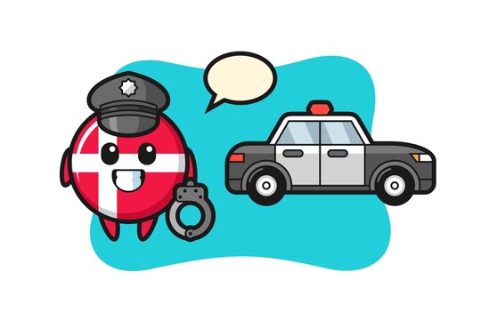 Cartoon mascot of denmark flag badge as a police