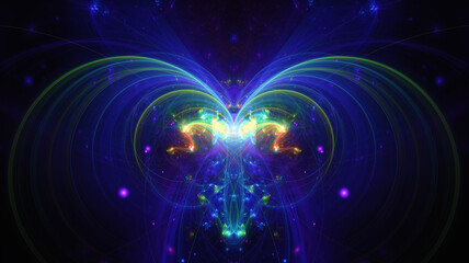 Abstract background, smooth multicolored lines on a black background.