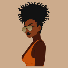 Young African American woman in sunglasses with black curly hair. Vector illustration.