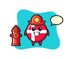 Mascot character of denmark flag badge as a firefighter