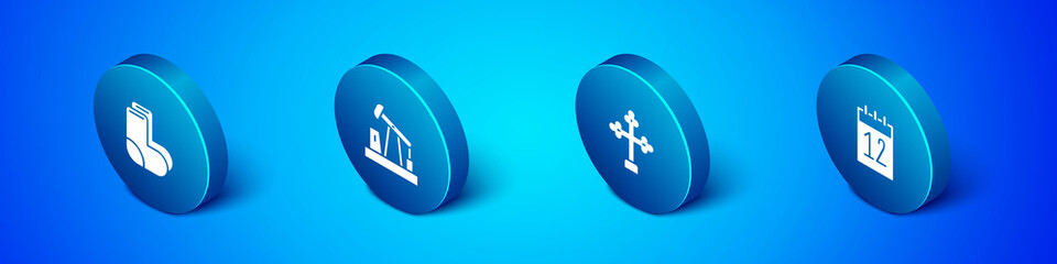 Set Isometric Valenki, Christian cross, Calendar 12 june and Oil pump or pump jack icon. Vector
