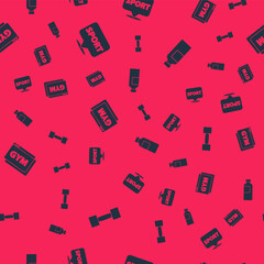 Set Dumbbell, Location gym, Online fitness and training and Fitness shaker on seamless pattern. Vector