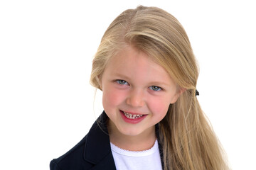 Portrait of adorable blonde little girl. Photo session in the studio
