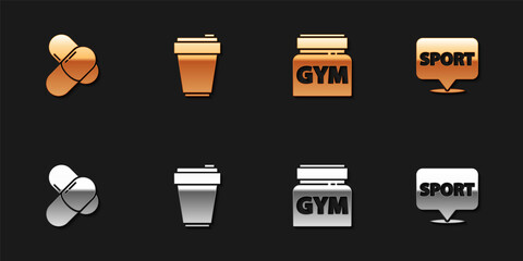 Set Sports nutrition, Fitness shaker, and Location gym icon. Vector