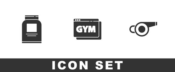 Set Sports nutrition, Online fitness and training and Whistle icon. Vector