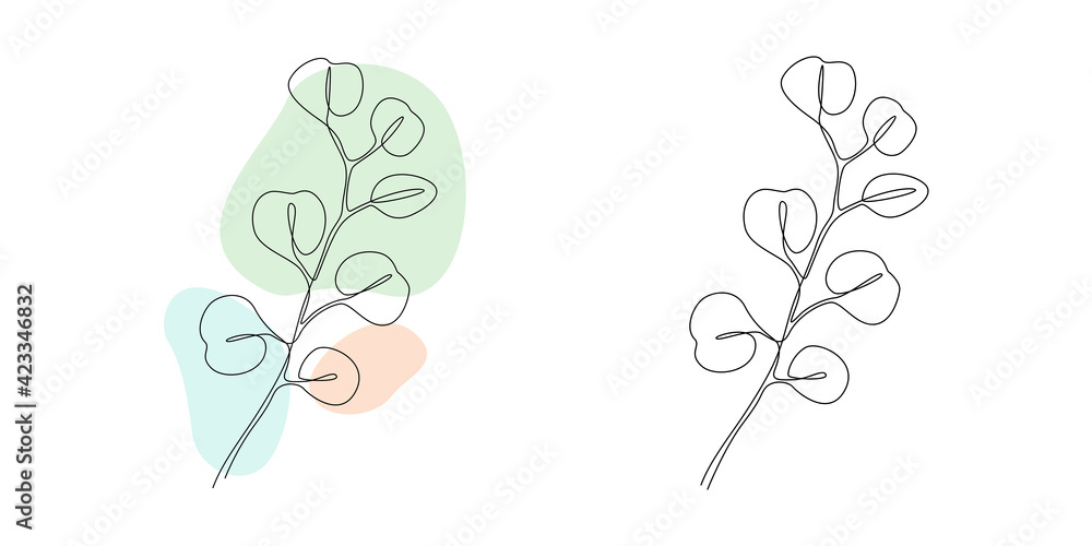 Poster Vector Eucalyptus branch in line art style. Continuous one line drawing with abstract pastel shape. Minimalistic and natural wall art. Vector illustration