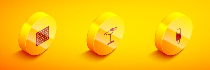 Set Isometric Chocolate bar, Margarita cocktail and Popsicle ice cream icon. Vector
