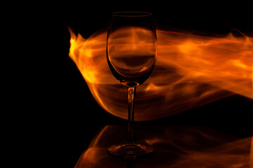 wine glass on fire, copy space, use as background