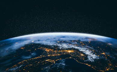 Planeet aarde wereldbol uitzicht vanuit de ruimte met realistisch aardoppervlak en wereldkaart zoals in het oogpunt van de ruimte. Elementen van dit beeld geleverd door NASA planeet aarde van ruimtefoto's.
