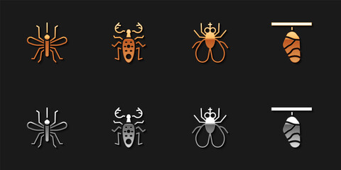 Set Mosquito, Beetle deer, Insect fly and Butterfly cocoon icon. Vector