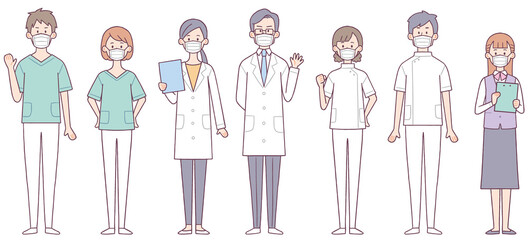 マスクをした医療従事者　全身　セット