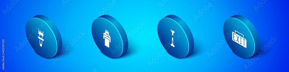 Poster set isometric torch flame, human broken bone, exit sign and gives lecture icon. vector