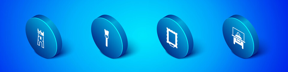 Set Isometric Castle tower, Picture, Glass showcase for exhibit and Paint brush icon. Vector