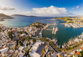 Aerial view of Bodrum at sunrise, Turkey. View of the Saint Peter Castle