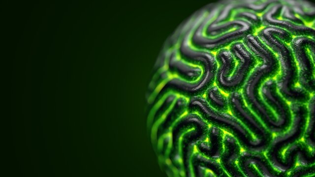 Artificial Brain with glowing details. 3d illustration, suitable for technology, ai and alien themes.
