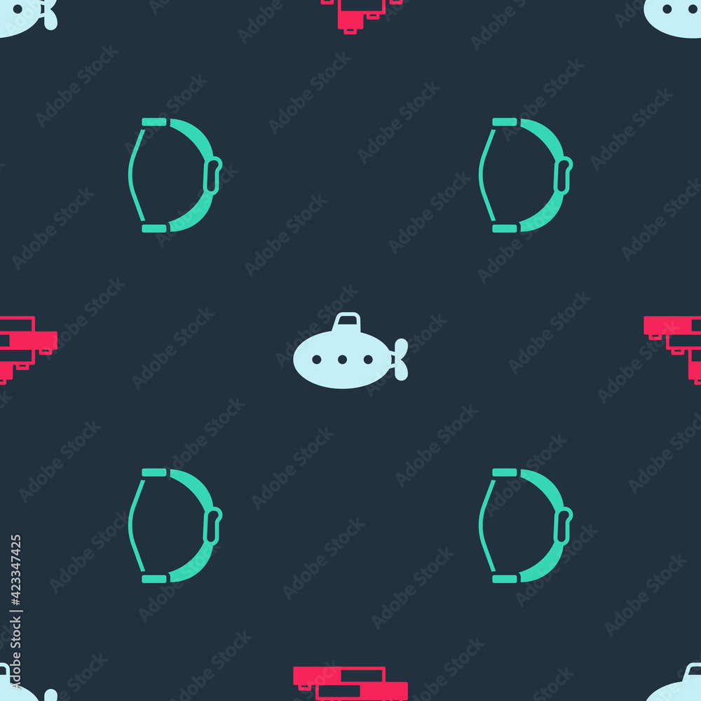 Poster set toy building block bricks, submarine toy and bow on seamless pattern. vector