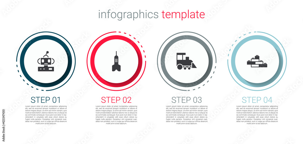 Poster set robot toy, dart arrow, toy train and building block bricks. business infographic template. vecto