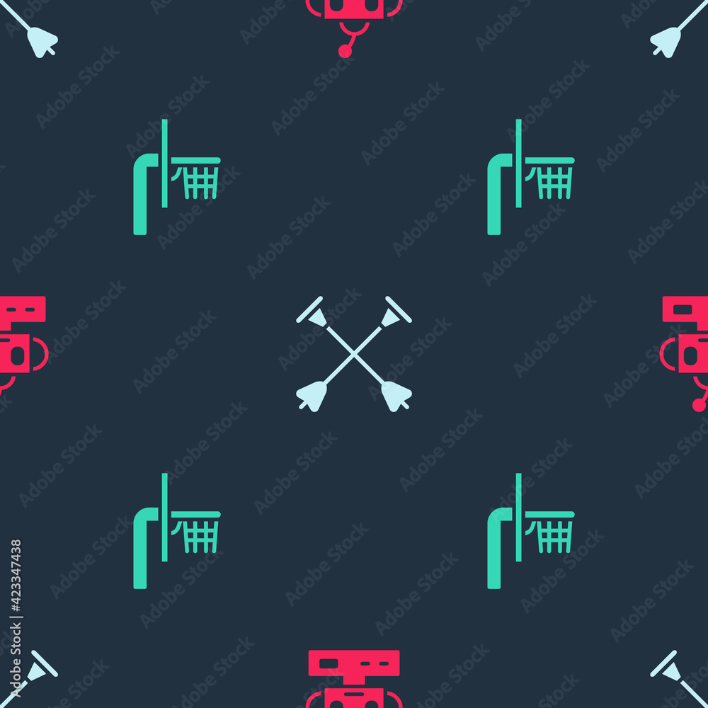Poster set robot toy, arrow with sucker tip and basketball backboard on seamless pattern. vector