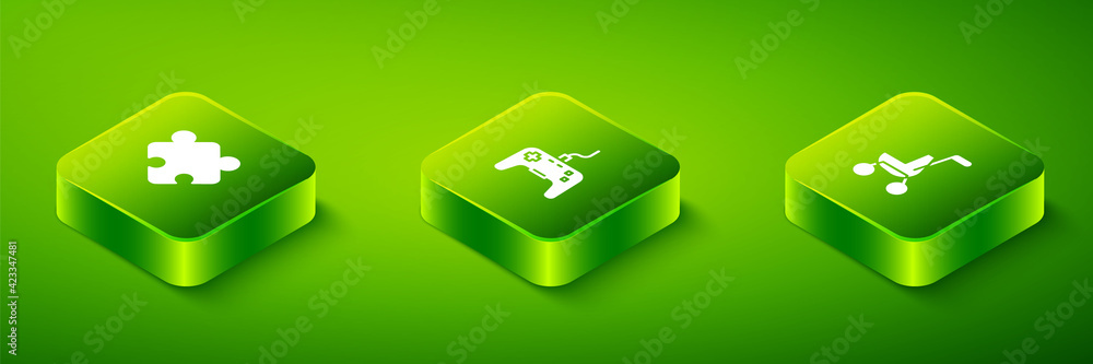 Poster Set Isometric Gamepad, Baby stroller and Puzzle pieces toy icon. Vector