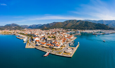 Aerial view of Marmaris at sunset, Turkey. View of the fortress and ships