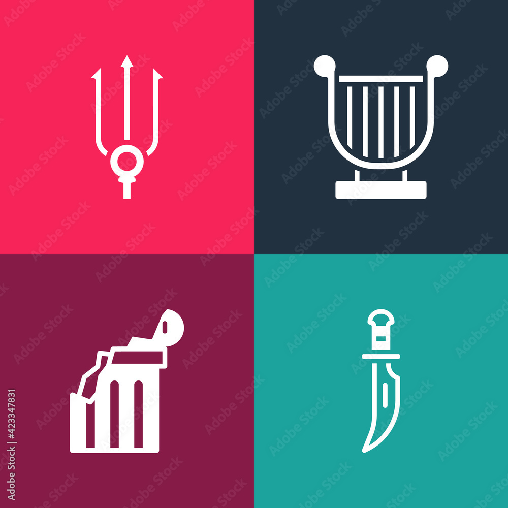Poster set pop art dagger, broken ancient column, ancient lyre and neptune trident icon. vector