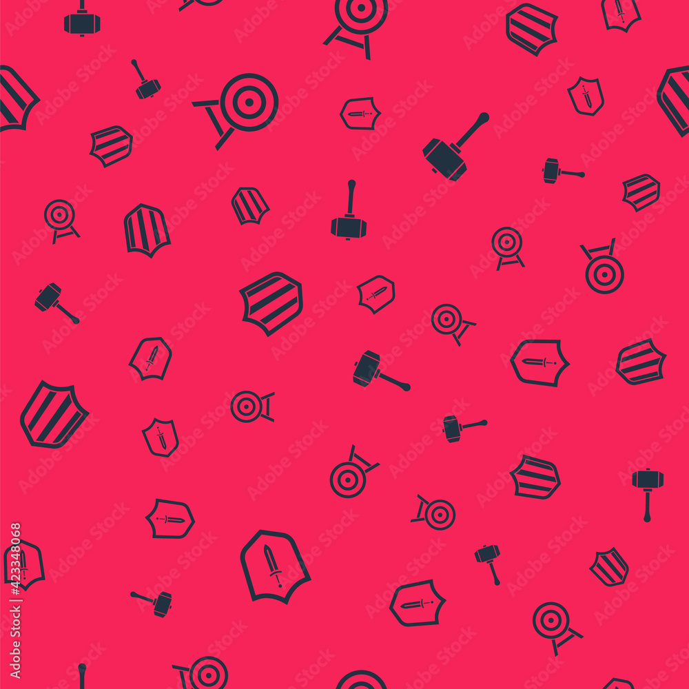 Poster set medieval shield with sword, target arrow, shield and hammer on seamless pattern. vector