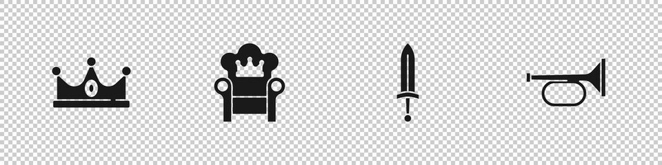 Set King crown, Medieval throne, sword and Trumpet icon. Vector