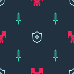 Obraz premium Set Castle, fortress, Shield and Medieval sword on seamless pattern. Vector