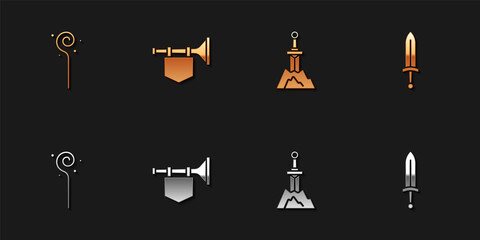 Set Magic staff, Trumpet with flag, Sword in the stone and Medieval sword icon. Vector