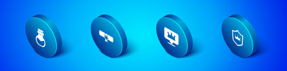 Set Isometric Poison in bottle, Location king crown, Shield with and Decree, parchment, scroll icon. Vector