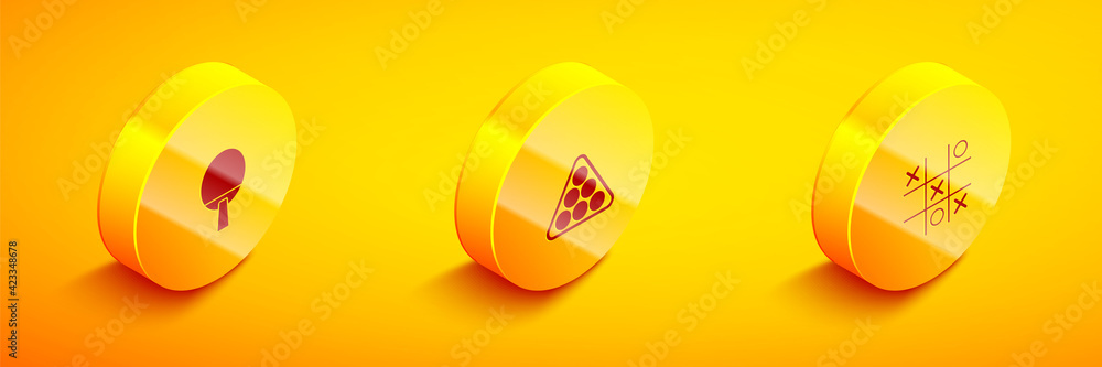 Poster set isometric racket, billiard balls in triangle and tic tac toe game icon. vector