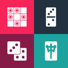 Set pop art Mahjong pieces, Game dice, Domino and Board game of checkers icon. Vector