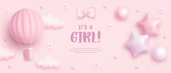 Baby shower horizontal banner with cartoon hot air balloon, helium balloons, clouds and flowers on pink background. It's a girl. Vector illustration