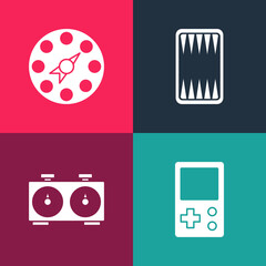 Set pop art Tetris, Time chess clock, Backgammon board and Twister game icon. Vector