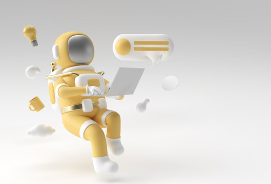 3D Render Astronaut In Spacesuit Working On Laptop, 3D Illustration Design.