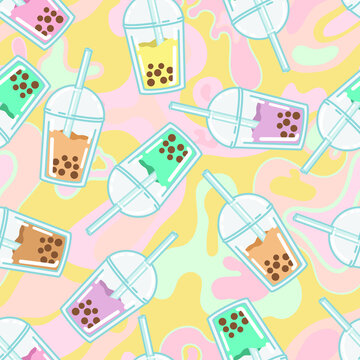 Bubble milk tea. A sweet cold drink with tapioca pearl balls. Asian street food from Taiwan. Assortment of different fruit flavors. Seamless background with pattern.