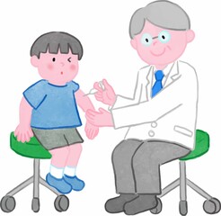 水彩画の予防接種する小学生男子