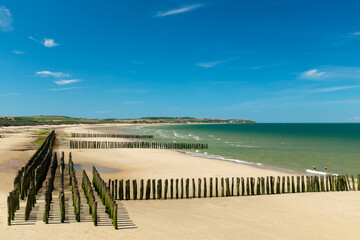 Mussel poles on the beach of Wissant on the Opal Coast in France - obrazy, fototapety, plakaty