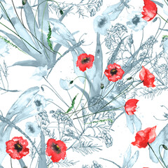 Seamless watercolor background with, flowers, paint splash. Watercolor card with a picture of dragonfly,flower branch, red poppy,floral pattern.Flower fragrance Branch, immortelle plant, tansy